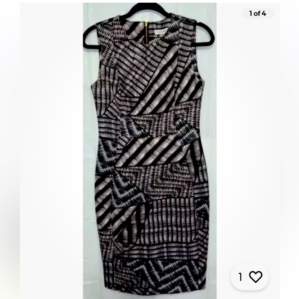 CALVIN KLEIN SIZE 6 black, white and grey sheath dress.